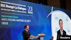 Japan's Minister of Defense, Hamada Yasukazu, speaks at a plenary session during the 20th IISS Shangri-La Dialogue in Singapore, June 3, 2023. 