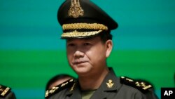 FILE - Cambodian army chief Hun Manet, son of Cambodian Prime Minister Hun Sen, attends a ceremony of the Royal Cambodian Armed Forces at the Defense Ministry in Phnom Penh, Cambodia, April 20, 2023.