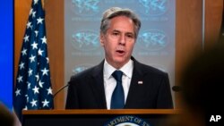 Secretary of State Antony Blinken speaks during a media briefing at the State Department, in Washington, Aug. 15, 2023.