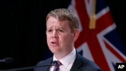 FILE - New Zealand's COVID-19 Response Minister Chris Hipkins speaks during a press conference in Wellington, New Zealand, on Oct. 28, 2021.