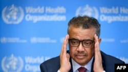 世界卫生组织总干事谭德塞在日内瓦世卫组织总部出席关于新型冠状病毒的每日新闻发布会（2020年3月6日）。