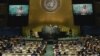 Suasana Sidang Majelis Umum PBB hari ketiga saat Presiden Zimbabwe Robert Mugabe menyampaikan pidato di New York, Rabu (21/9).