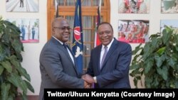 Rais wa DRC Felix Tshisekedi (kushoto) akiwa na mjumbe wa amani kwa ajili ya DRC Uhuru Kenyatta